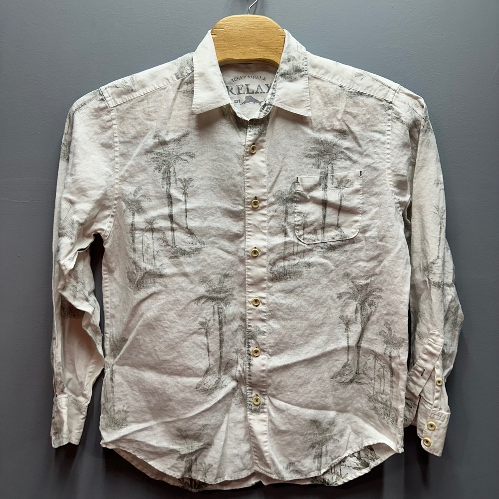 Tommy Bahama Relax Men Large 100% Linen Palm Tree Sketch Button Down Shirt White